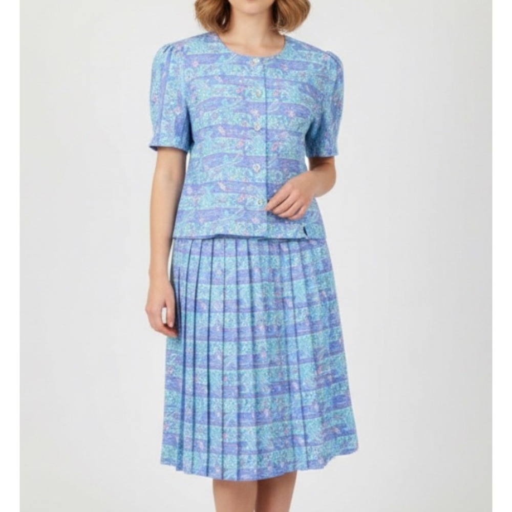 VTG Breli Originals SILKY GEORGETTE DRESS SET Top & Pleated Skirt BLUE/GREEN 12